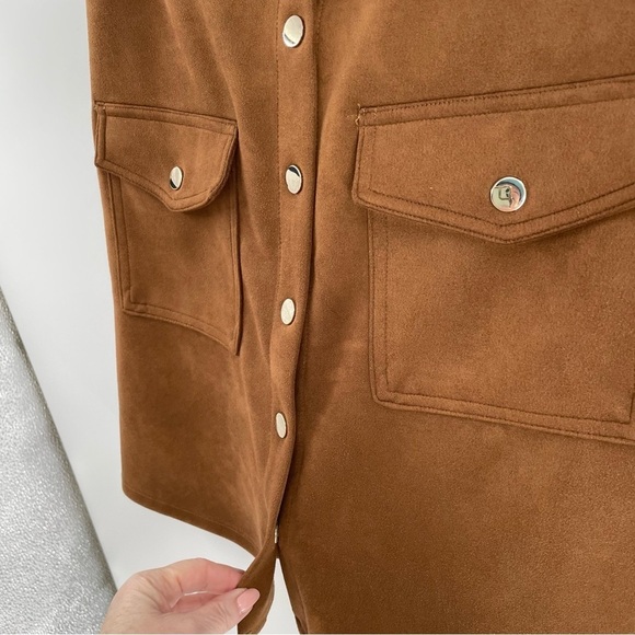 Philosophy Republic Faux Vegan Suede Camel Tan Snap Front Pockets Mini Skirt - Picture 3 of 10